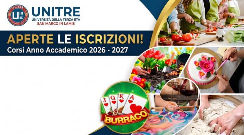 UNITRE San Marco in Lamis, al via le iscrizioni 2026-2027: dalla cucina alla degustazione vini, tutti i corsi in programma UNITRE San Marco in Lamis, al via le iscrizioni 2026-2027: dalla cucina alla degustazione vini, tutti i corsi in programma